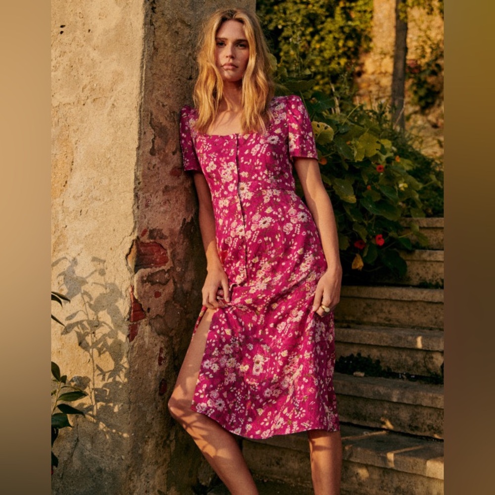 Sezane Victoria Midi Dress Jacquard Floral Minorca Button Front